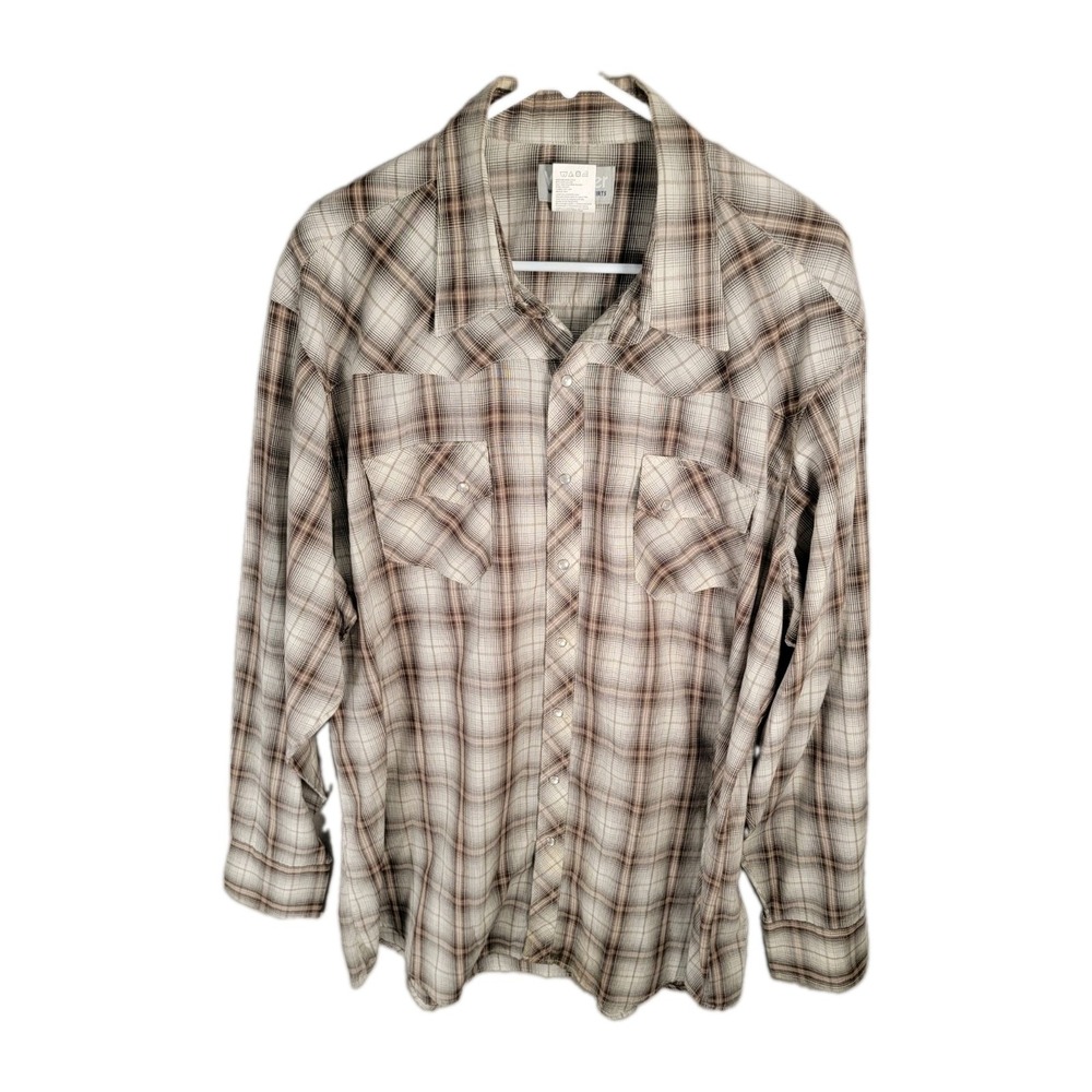 Wrangler Wrancher Mens 2XT Western Pearl Snap Shirt Plaid Brown Cowboy Rodeo
